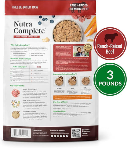 ULTIMATE PET NUTRITION Nutra Complete Freeze Dried Raw Dog Food, Veterinarian Formulated with Antioxidants, Prebiotics & Amino Acids (3 Pound, Beef)