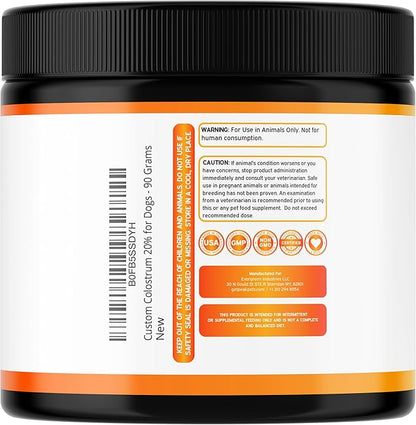 Bovine Colostrum for Dogs (90g) Raw Colostrum Powder for All Ages, Breeds & Sizes - Immune, Allergy, Skin & Itch Support - 20% Immunoglobulins - Non GMO, Third Party Tested, USA Made - 3.17oz