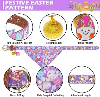 EXPAWLORER Easter Dog Collar and Leash Set - Egg Bunny Pattern Bow Tie & Bandana Embroidery Holiday Pet Collars with Bell, Soft Tangle Free Leash for Dogs Cats Outdoor Walking, Small