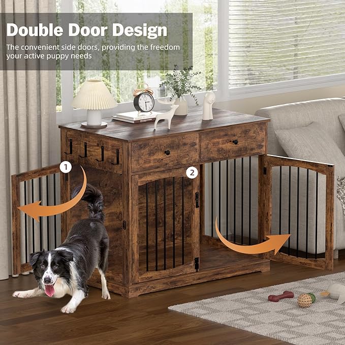 Kucreiheat 40'' Wooden Dog Crate Furniture–Farmhouse Dog Kenel-Multi Purpose Pet House with Double Doors, 2 Drawers, for Small, Medium & Large Dogs–Rustic Brown Finish