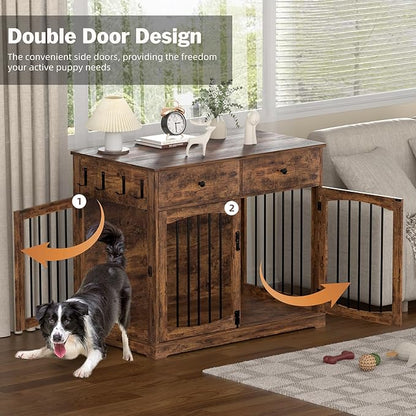 Kucreiheat 40'' Wooden Dog Crate Furniture–Farmhouse Dog Kenel-Multi Purpose Pet House with Double Doors, 2 Drawers, for Small, Medium & Large Dogs–Rustic Brown Finish