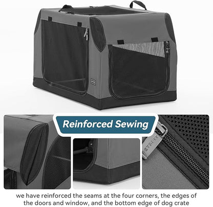 PETSFIT Dog Travel Crate, Soft Sided Dog Crate - 36 Inch Sturdy Adjustable Structure, Easy to Set Up, Collapsible Dog Crate for Car, Light Tough with 3 Mesh Doors Gray