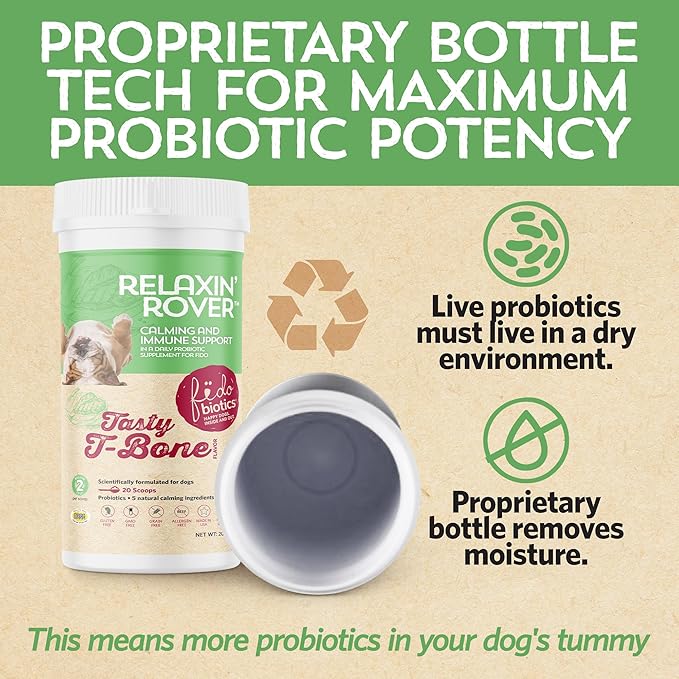 Fidobiotics Relaxin’ Rover Calming Supplement, Probiotics for Dogs with Valerian, Chamomile & GABA for Stress & Anxiety Relief, Tasty T-Bone Flavor 20 Servings