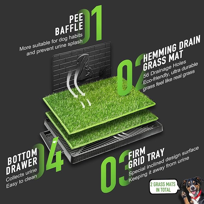 Hompet Dog Potty with Tray Large 30''x20'', 2 Artificial Grass Patch for Indoor and Outdoor Use, Puppy Turf Grass Pad Reusable Training Pads with Pee Baffle, Ideal for Dogs