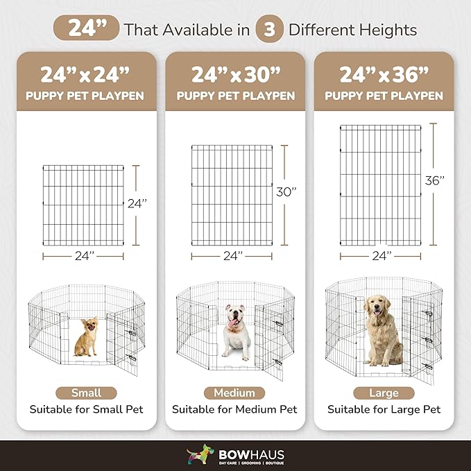 BOWHAUS Foldable Outdoor/Indoor Pet Playpen with Gate, Available in 36 Inch Height Metal Portable Kennel, Heavy-Duty Exercise Fence Cage 8 Panels for Large Dog, Animals