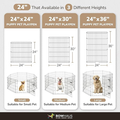 BOWHAUS Foldable Outdoor/Indoor Pet Playpen with Gate, Available in 36 Inch Height Metal Portable Kennel, Heavy-Duty Exercise Fence Cage 8 Panels for Large Dog, Animals