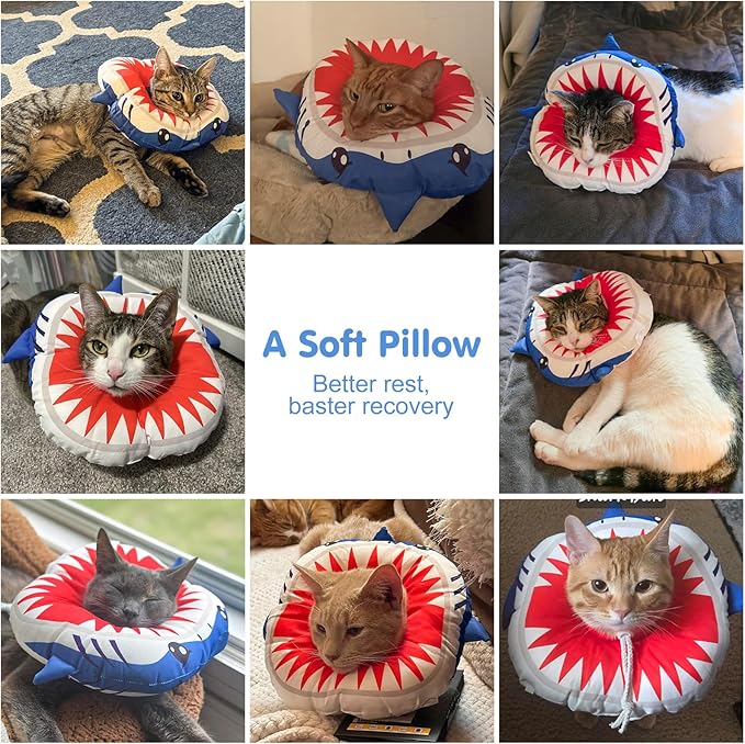 BEAUTYZOO Cat Cone Collars Soft, Cat Recovery E Collars After Surgery to Stop Licking, Adjustable Elizabeth Circle Collar Cute Pet Donut Pillow for Cats Kitten Small Dogs, Cute Shark S