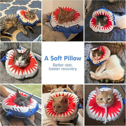 BEAUTYZOO Cat Cone Collars Soft, Cat Recovery E Collars After Surgery to Stop Licking, Adjustable Elizabeth Circle Collar Cute Pet Donut Pillow for Cats Kitten Small Dogs, Cute Shark S