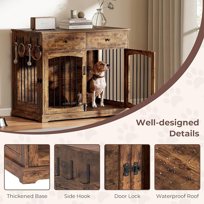 Dog Crate Furniture, Wooden Dog Kennel Furniture, Heavy-Duty Dog Crate End Table with Storage Drawers, Double Doors Decorative Pet Cage House Indoor for Small Medium Dog, 40Inch, Rustic Brown
