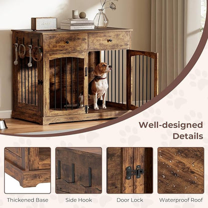 Dog Crate Furniture, Wooden Dog Kennel Furniture, Heavy-Duty Dog Crate End Table with Storage Drawers, Double Doors Decorative Pet Cage House Indoor for Small Medium Dog, 40Inch, Rustic Brown
