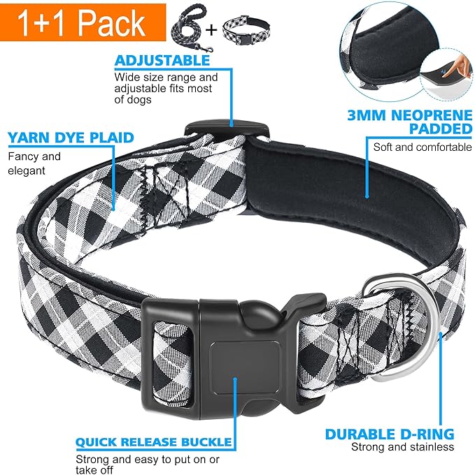 Ladoogo Reflective Dog Collar Padded with Soft Neoprene Breathable Adjustable Nylon Dog Collars for Small Medium Large Dogs (X-Small (Pack of 1), Black Plaid Collar+Leash)