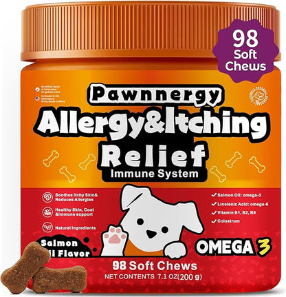 Dog Allergy & Itch Relief Chews - Salmon Oil Omega-3, Omega-6, Vitamin B1/B2/B6, Colostrum Probiotics Supplement for Seasonal Allergy, Hot Spots, Paw Licking, Scratching, 98 Soft Chews