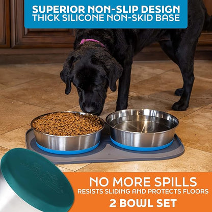 Master Pet Supply Stainless Steel Dog Bowls Set of 2 with Extra Thick Silicone Base - 16 Cup (128 oz) Emerald Sea, Non-Slip, Dishwasher Safe Metal Bowls, Pet Dog Food Bowl for Dogs, Cats, Anti Rust