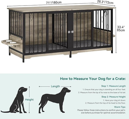 YITAHOME 71" Double Dog Crate Furniture with Divider, Wooden Large Dog Kennel with Flip-Top&4 Rotatable Bowls&2 Cushions, Dog Crate Furniture TV Stand for Medium Large Dogs, Grey