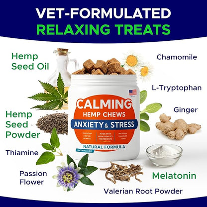Advanced Calming Chews for Dogs - Hemp Treat + Melatonin + Valerian - Relaxing Bites - Calming Care - Stress Relief - Made in USA - Calm, Sleep Aid, Storms - 60Ct