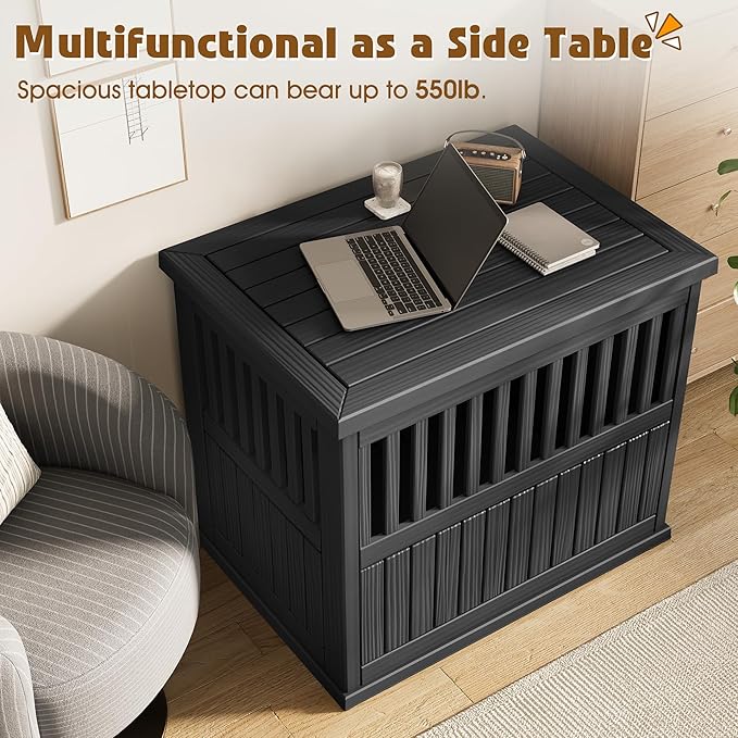 Bifanuo 40-Inch Dog Crate Furniture, Heavy Duty Dog Crate for Large and Medium Dog, Lockable Indoor Outdoor Dog Kennel & End Table, Decorative Plastic Pet Cage (Black)
