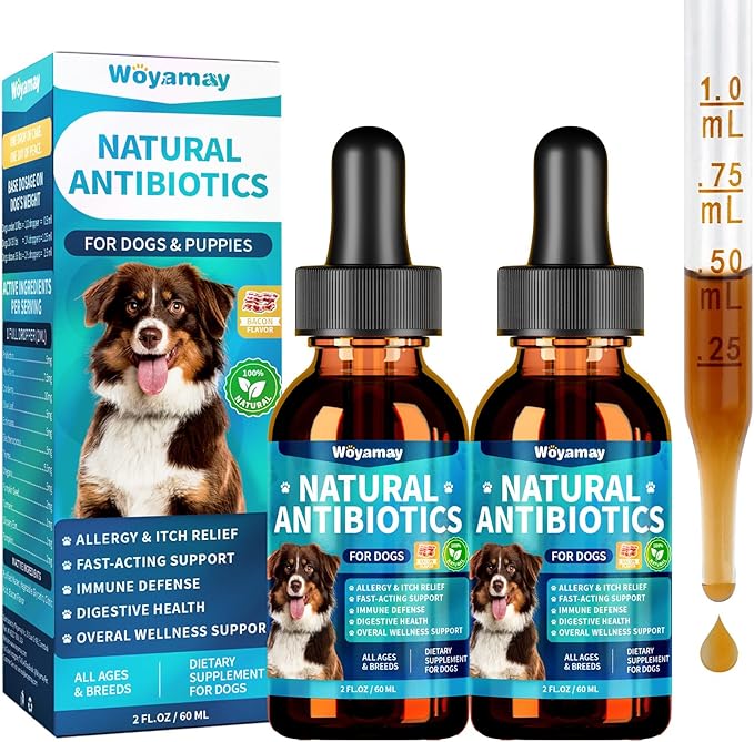 Woyamay Antibiotics for Dogs | Natural Dog Antibiotics for Allergy Relief, Itch Relief, Coughs, Skin Health, Breath Treatment, Digestion | Herbal Supplement to Care for Ears, Eyes & Coat, 4 Fl Oz