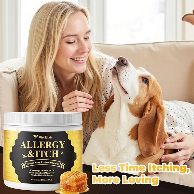 Manuka Honey for Dogs - Allergy Relief & Anti Itch Skin - Comfort and Coat Health - Manuka Honey, Krill Oil, Colostrum, Quercetin, Probiotics, Kelp Powder - 120 Soft Chews