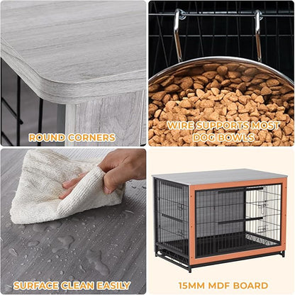 TLSUNNY Dog Crate Furniture, 44.1" Wooden Dog Kennel Indoor with 2 Doors, Heavy-Duty Dog Cage with Removable Tray, End Side Table, Modern Dog House for Large/Medium/Small Dogs, Grey