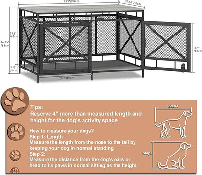 Dog Crate Furniture, Wooden Dog Kennel Table, Heavy Duty Large Indoor Dog House with Three Doors, 43" Large Size (Grey)