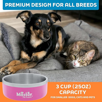 Master Pet Supply Stainless Steel Dog Bowls - 25 oz, Heavy Duty - Hyper Pink, Double Wall Extra-Thick Insulated, Non-Slip Pet Water Bowl for Dogs, Cats & Pets, Anti Rust Metal, Dish Washer Safe