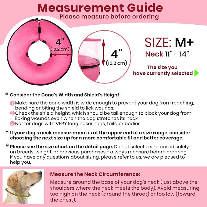 BARKLESS Dog Cone, Inflatable Dog Cone After Surgery, Soft Surgery Collar with Enhanced Anti-Licking Guard Shield for Pets, Patented Protective Donut Collar (Hot Pink, M+ (Neck:11"-14"))