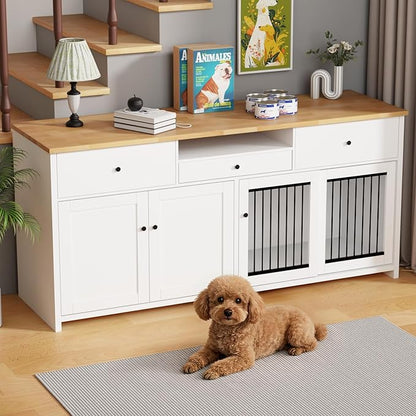 78" Double Door Dog Crate Furniture TV Stand, Heavy Duty Wooden Dog Kennel with 3 Drawers & 2 Cabinets, Extra Large Indoor Dog Cage for Medium/Large Dogs, White