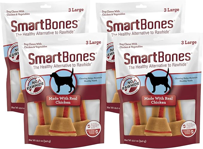 SmartBones Large Chews, Treat Your Dog to a Rawhide-Free Chew Made with Real Meat and Vegetables, 3 Count (Pack of 4)