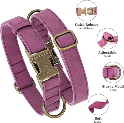 Didog Soft PU Leather Dog Collar, Stylish Quick Released Dog Collars for Medium Dogs, Easy Clean Adjustable Pet Collar for Daily Walking, Purple, M Fit 14-18" Neck