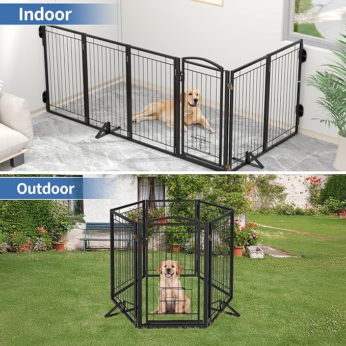 Metal Freestanding Dog Gate with Cat Door for Indoor&Outdoor,120" Extra Wide Foldable Pet Gate,36" Tall Foldable Indoor Dog Fence for Wide Openings Stairs,Deck,Yard,Doorways(6 Panels,Black)