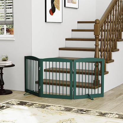 PUPETPO Freestanding Pet Gate for Dogs, Foldable Wooden Dog Gate for House, Indoor Dog Gate for Doorways, Stairs, Step Over Pet Puppy Safety Fence, Support Feet Included,24" Height 3 Panels,Green