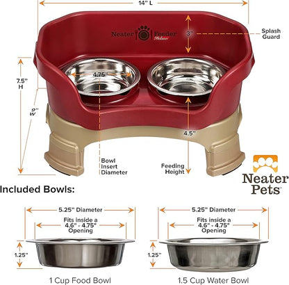 Neater Feeder Deluxe Mess-Proof Elevated Cat Bowls, 2 Height Adjustable (6” & 7.5”) No-Spill Raised Cat Bowl Stand, Whisker Friendly Stainless Steel Dishes for Indoor Cats, Made in USA, Cranberry