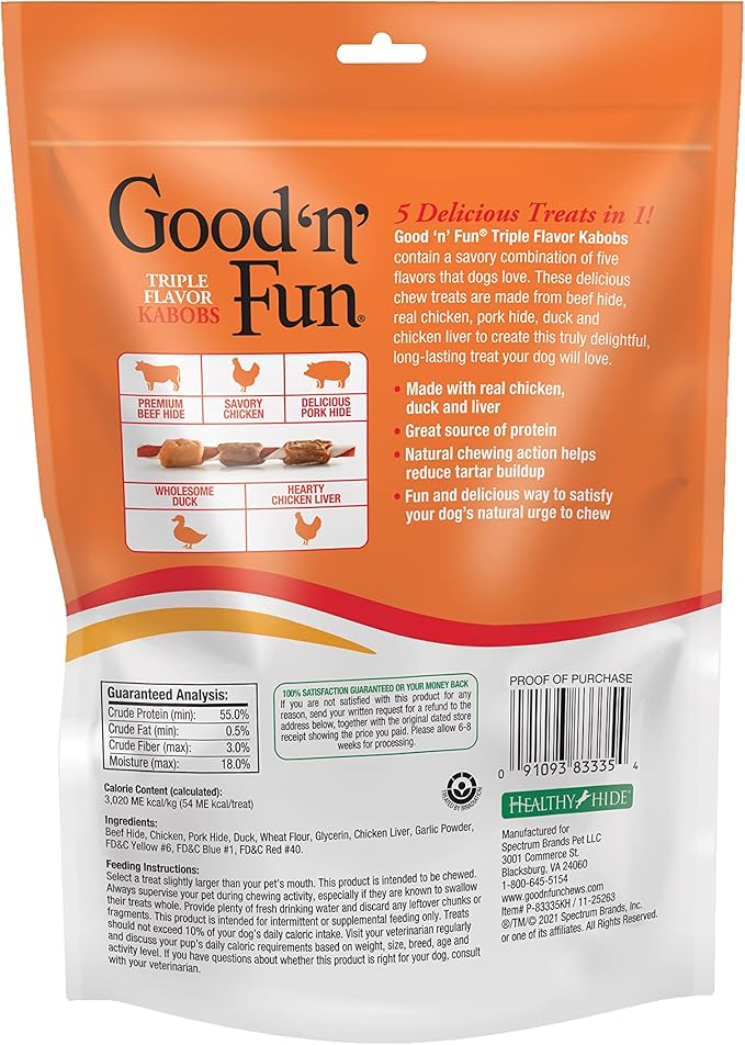 Good'N'Fun Triple Flavored Rawhide Kabobs for Dogs, 4-Ounce (Pack of 2)
