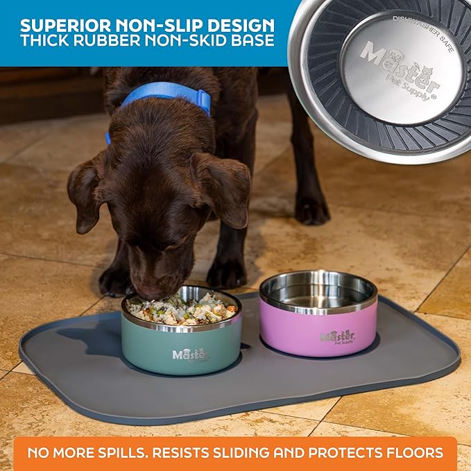 Master Pet Supply Stainless Steel Dog Bowls - 32 oz, Heavy Duty - Stainless Steel, Double Wall Extra-Thick Insulated, Non-Slip Pet Water Bowl for Dogs, Cats & Pets, Anti Rust Metal, Dish Washer Safe