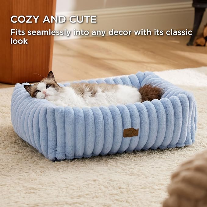 Bedsure ComfyFleece™ Washable Dog Bed for Medium Dogs - Cute Furry Puppy Beds, Rectangle Orthopedic Corduroy Fleece Pet Beds with Removable Zipper Cover, 20x19x6inches, Blue