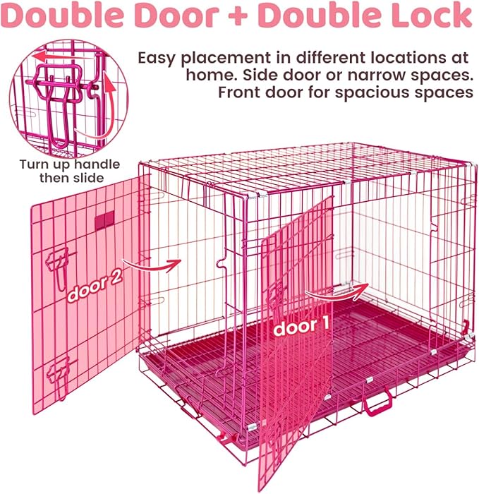 HOMEY PET 36 Inch Dog Crate, Cute Pink Dog Cage Collapsible Medium Dog Kennel Indoor, Nano-Coated Metal Wire Dog Crate with Removable Floor Grid Tray, Double Doors Dual Locks, Portable Handle