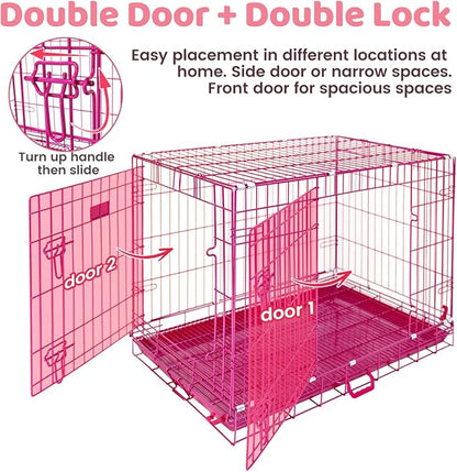HOMEY PET 36 Inch Dog Crate, Cute Pink Dog Cage Collapsible Medium Dog Kennel Indoor, Nano-Coated Metal Wire Dog Crate with Removable Floor Grid Tray, Double Doors Dual Locks, Portable Handle