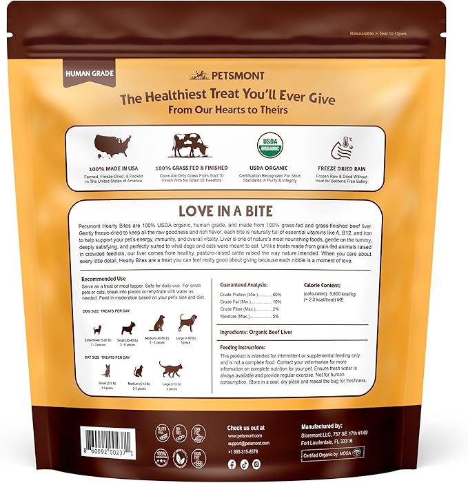 Petsmont Hearty Bites - Organic Freeze-Dried Beef Liver Dog Treats Single Ingredient All Natural, Preservative Free, No Filler Beef Treat for Dogs High Protein Dog Snacks Made in the USA - 8oz