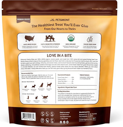 Petsmont Hearty Bites - Organic Freeze-Dried Beef Liver Dog Treats Single Ingredient All Natural, Preservative Free, No Filler Beef Treat for Dogs High Protein Dog Snacks Made in the USA - 8oz