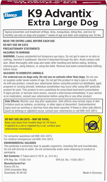 K9 Advantix Flea, Tick & Mosquito Prevention for Dogs Over 55 lbs. | Flea Drops for Extra Large Dogs | Apply Monthly | 4 Treatments (Pack of 2)