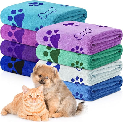 Chumia 8 Pcs Dog Towels for Drying Dogs Cats Pet Towels Bulk Puppy Microfiber Fast Drying Paw Bath Bathing Supplies Absorbent for Medium Pets(55 x 28 Inch,Dog Paw and Bone,Classic Color)