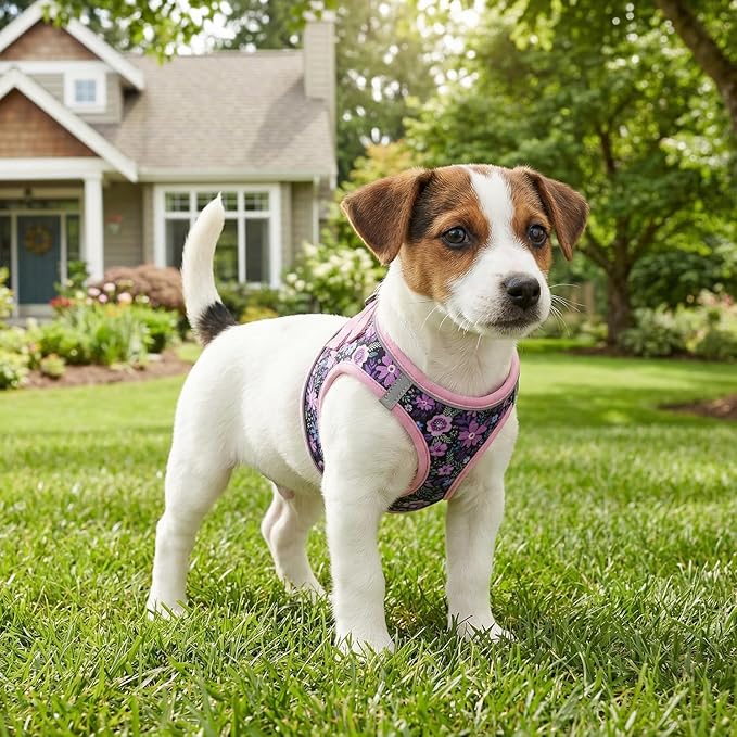 Mihqy Step in Dog Harness and Leash Set, Reflective Adjustable No Pull Dog Harness for Extra-Small/Small Dogs Puppy and Cats, Soft Padded Mesh Vest Harnesses for Girl and Boy Pets(Pink Floral,XXS)
