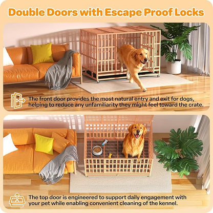 Hiwokk 48 Inch Heavy Duty Dog Crate, Indestructible Escape-Proof Dog Kennel for High Anxiety Large Dogs, Strong Metal Pet Cage with Double Doors, Lockable Wheels & Removable Tray, XL XXL XXXL
