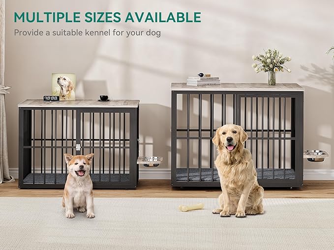 YITAHOME 88.6" Double Dog Crate Furniture, Wooden Dog Kennel with Bowls & 3 Doors, Large Double Crate Furniture TV Stand, Grey