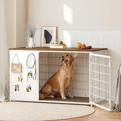 YATINEY Foldable Dog Crate Furniture, 47.2" Dog Crate with DIY Frame, Heavy Duty Dog Kennel Indoor with Hooks, Wooden Dog Cage End Table, for Small/Medium/Large Dogs, White DC120WH