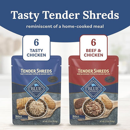 Blue Buffalo Tender Shreds Tasty Chicken Topper and Beef & Chicken Topper Natural Dog Food Complement, 2.5-oz. Pouch, 12-Count Variety Pack