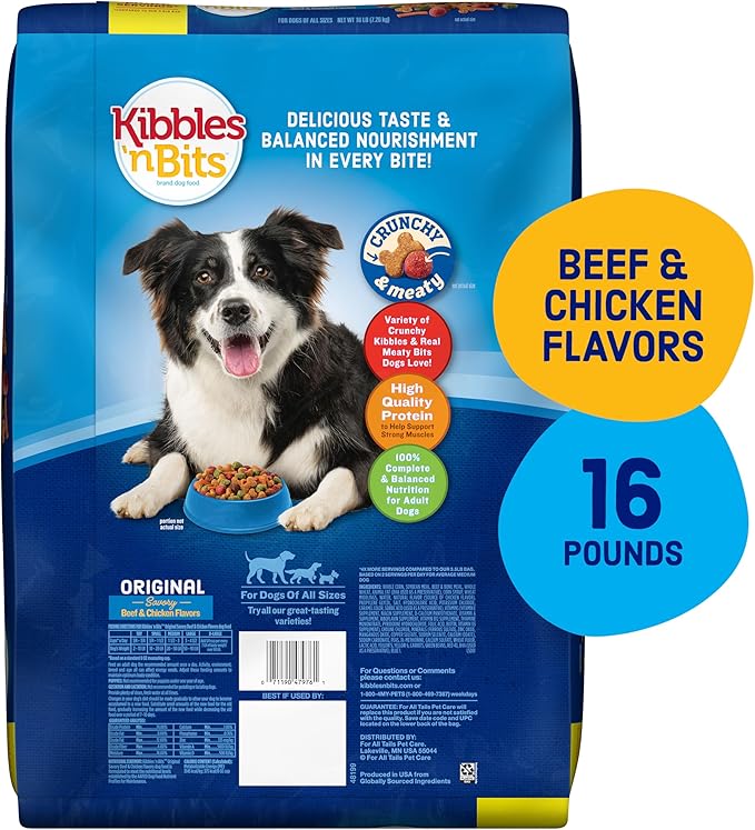 Kibbles 'n Bits Original Dry Dog Food, Savory Beef & Chicken Flavors for Adult Dogs, 16 lb. Bag