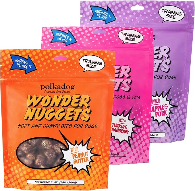 Polkadog Wonder Nuggets Variety 3-Pack Dog Treats - Peanut Butter, Turkey & Cranberry, Apple & Pork, Soft & Chewy, Limited Ingredient, Great for Training All Breeds, Made in USA - 10oz (3pk)