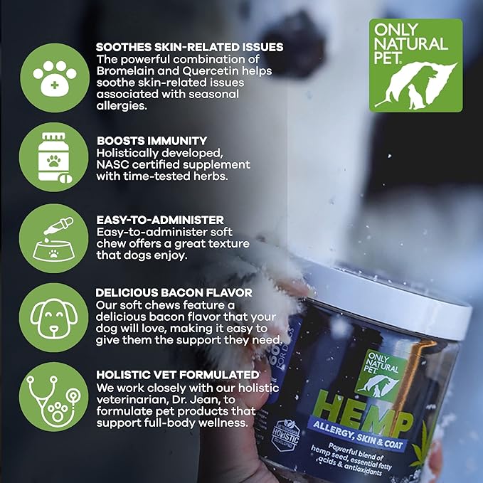 Only Natural Pet Allergy, Skin & Coat Hemp Soft Chews - Allergy Immune Bites for Dogs, Omega 3 Supplement, Calming Treats for Itchy Skin Relief, Hot Spot - (60 Count) (AL.)