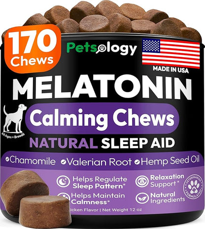 Advanced Melatonin for Dogs - 170 Dog Melatonin Calming Chews for Small and Large Dogs - Natural Hemp Dog Sleep Aid, Puppy Sleeping Pills, Anxiety, Stress, Separation, Barking, Fireworks - Made in USA